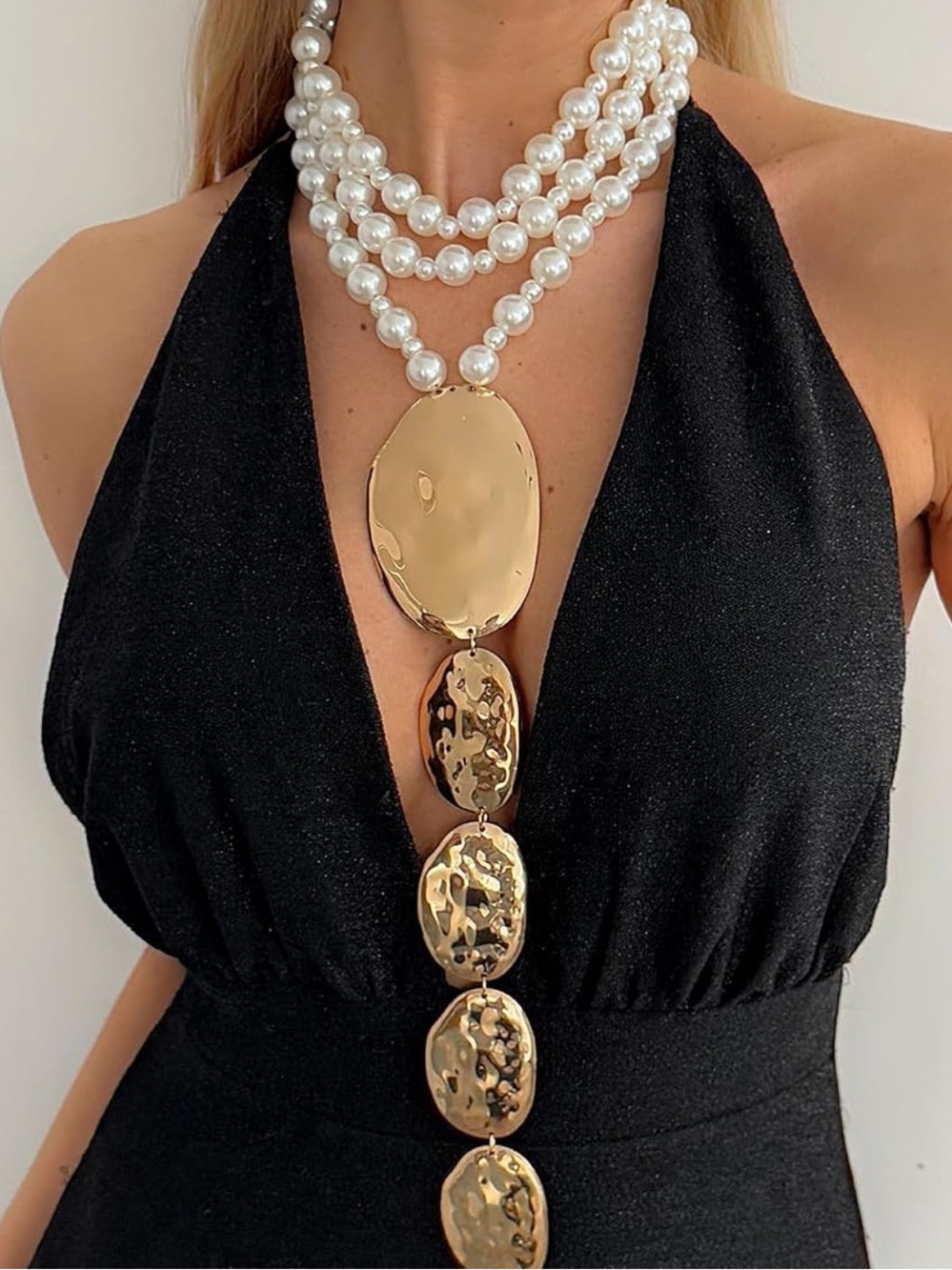 Layered Pearl & Gold Statement Necklace | Runway Glam Jewelry - Picture 2 of 8
